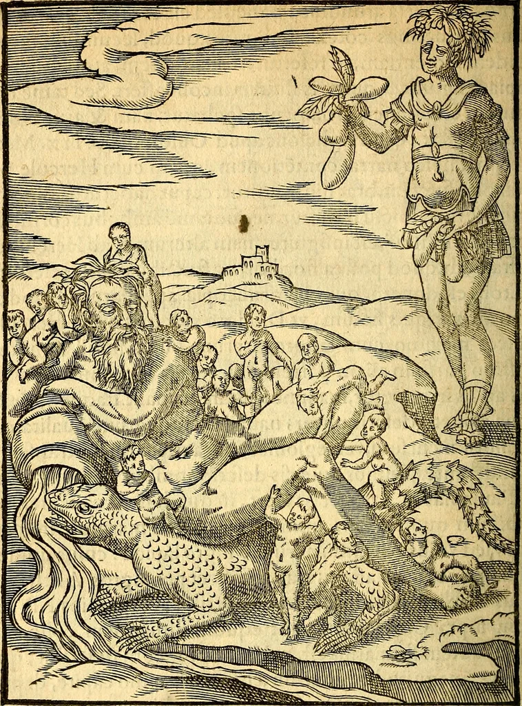 An illustration from Imagines deorum, qui ab antiquis colebantur : in quibus simulacra, ritus, caerimoniae, magnaq[ue] ex parte veterum religio explicatur, 1581, leaf 195