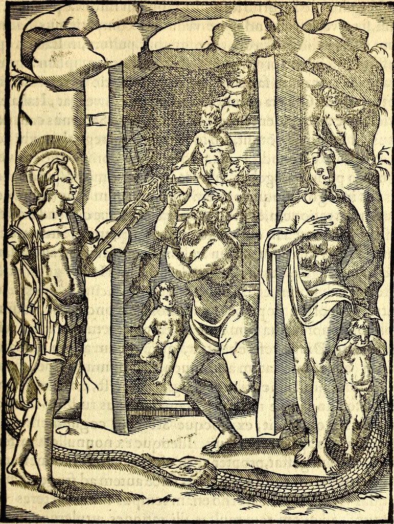 An illustration from Imagines deorum, qui ab antiquis colebantur : in quibus simulacra, ritus, caerimoniae, magnaq[ue] ex parte veterum religio explicatur, 1581, leaf 34