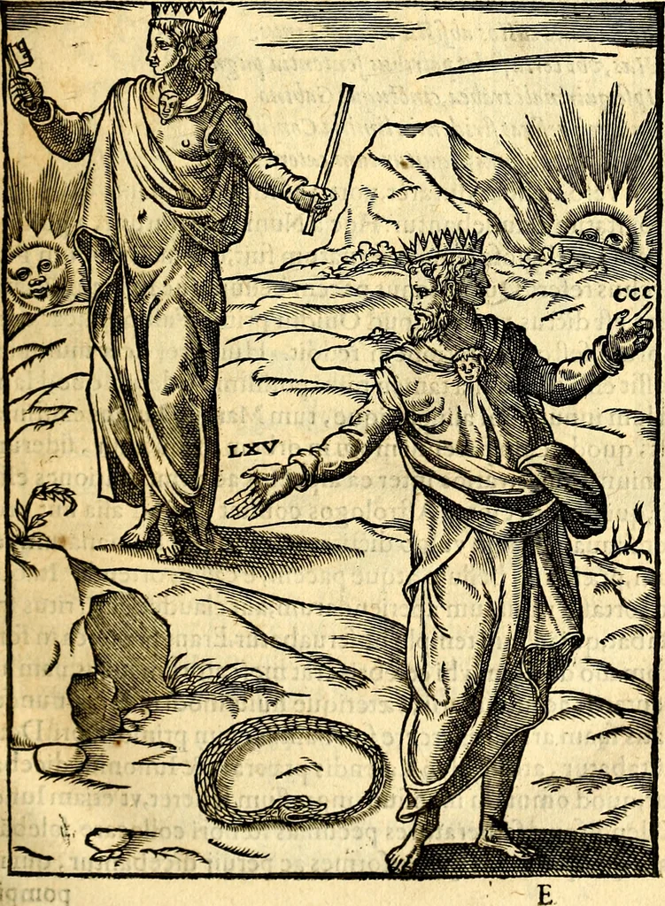 An illustration from Imagines deorum, qui ab antiquis colebantur : in quibus simulacra, ritus, caerimoniae, magnaq[ue] ex parte veterum religio explicatur, 1581, leaf 46