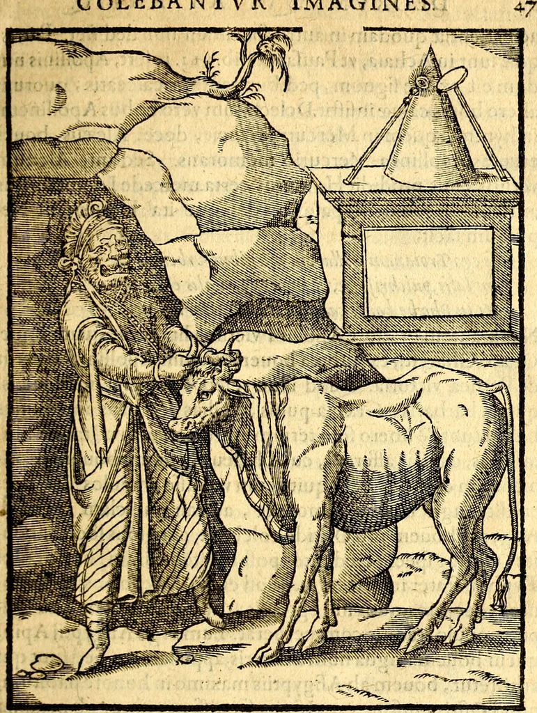 An illustration from Imagines deorum, qui ab antiquis colebantur : in quibus simulacra, ritus, caerimoniae, magnaq[ue] ex parte veterum religio explicatur, 1581, leaf 60