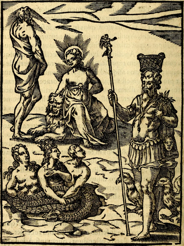 An illustration from Imagines deorum, qui ab antiquis colebantur : in quibus simulacra, ritus, caerimoniae, magnaq[ue] ex parte veterum religio explicatur, 1581, leaf 65