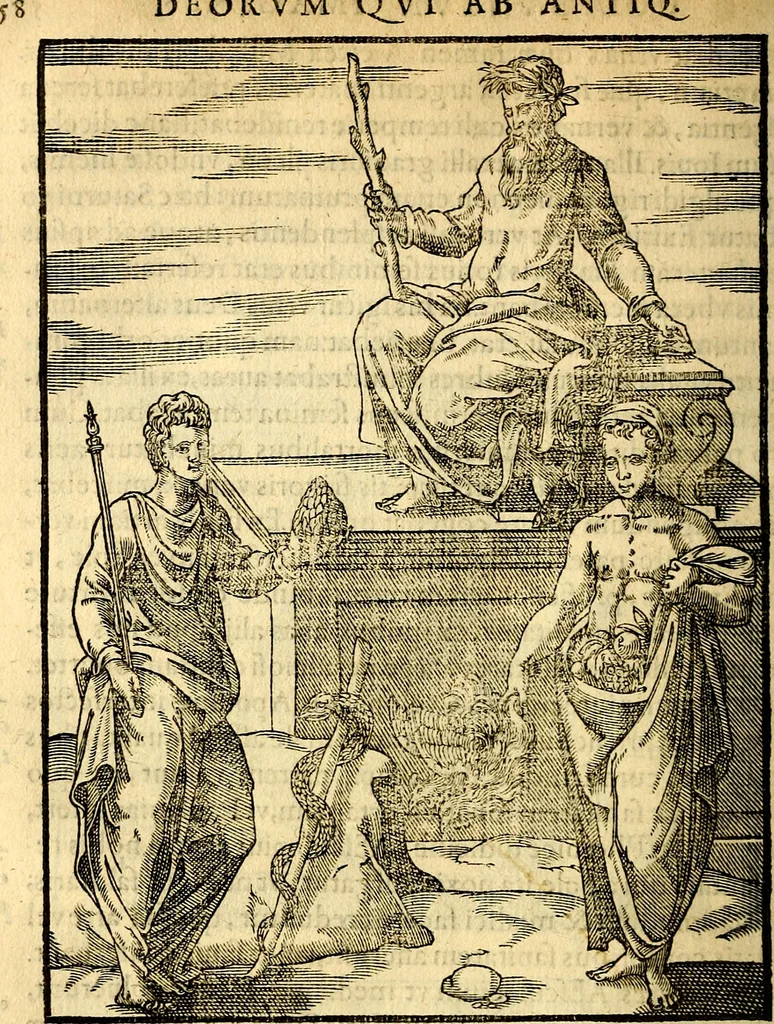 An illustration from Imagines deorum, qui ab antiquis colebantur : in quibus simulacra, ritus, caerimoniae, magnaq[ue] ex parte veterum religio explicatur, 1581, leaf 71
