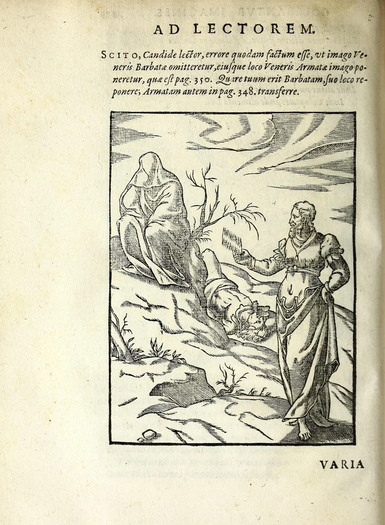 An illustration from Imagines deorvm, qvi ab antiqvis colebantvr : in quibus simulacra, ritus, caerimoniae, magnaq[ue] ex parte veterum religio explicatur : olim a Vincentio Chartario Rhegiensi ex variis auctoribus in vnum collectae, atque italica lingua expositae, 1581, leaf 370