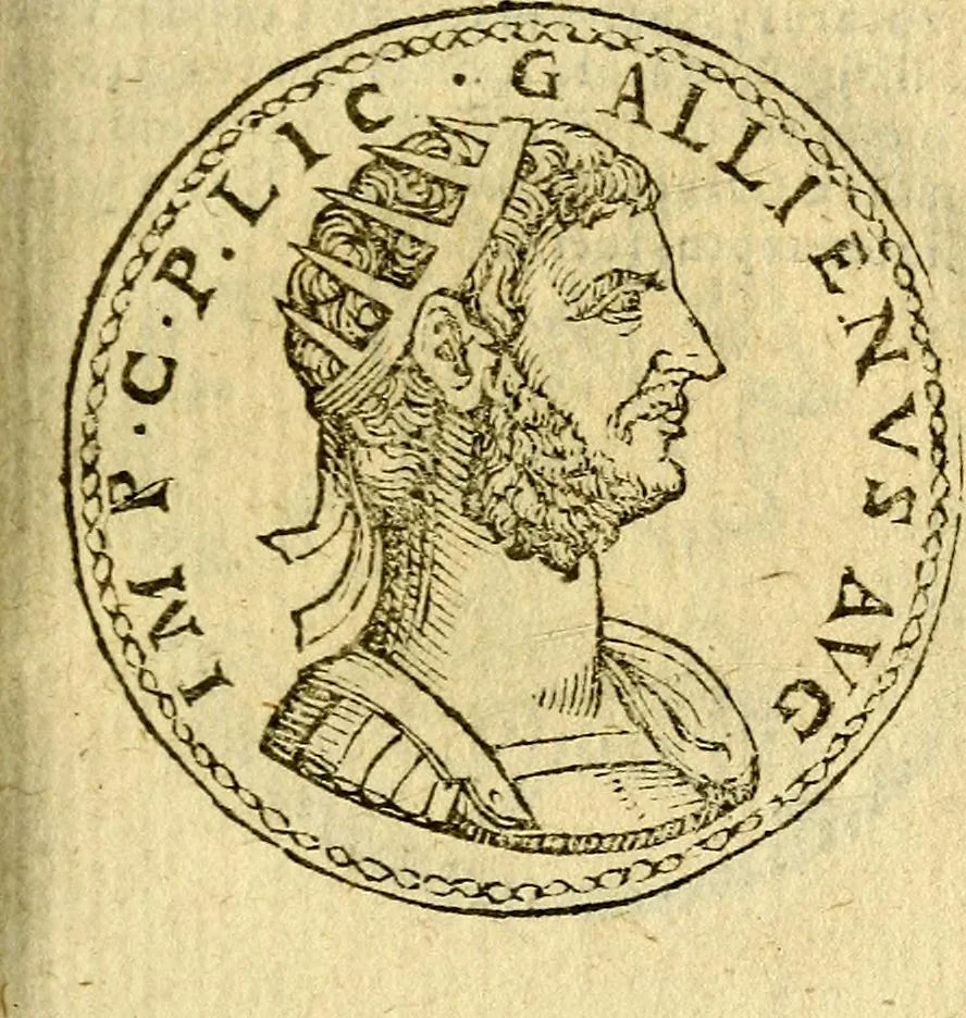 An illustration from Imagines et vitae imperatorvm Romanorvm: Illae ad vetusta numismata fideliter designatae; hae ex probatissimis auctoribus depromtae. Addita ad singulas imagines Ausonÿ & aliorum Elogia Tetrasticha, 1599, leaf 102