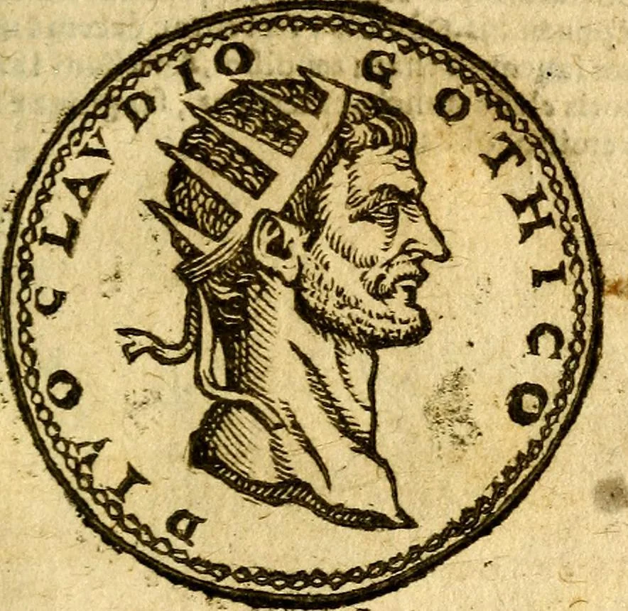 An illustration from Imagines et vitae imperatorvm Romanorvm: Illae ad vetusta numismata fideliter designatae; hae ex probatissimis auctoribus depromtae. Addita ad singulas imagines Ausonÿ & aliorum Elogia Tetrasticha, 1599, leaf 108