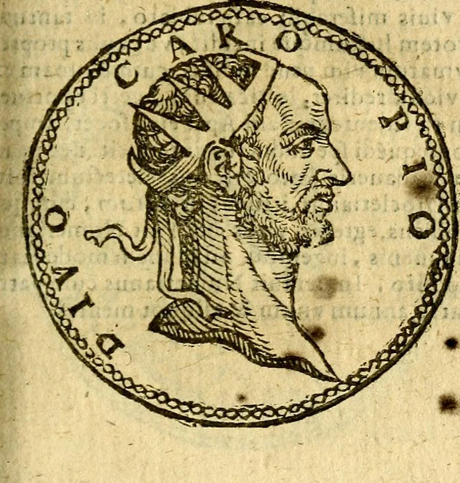 An illustration from Imagines et vitae imperatorvm Romanorvm: Illae ad vetusta numismata fideliter designatae; hae ex probatissimis auctoribus depromtae. Addita ad singulas imagines Ausonÿ & aliorum Elogia Tetrasticha, 1599, leaf 120