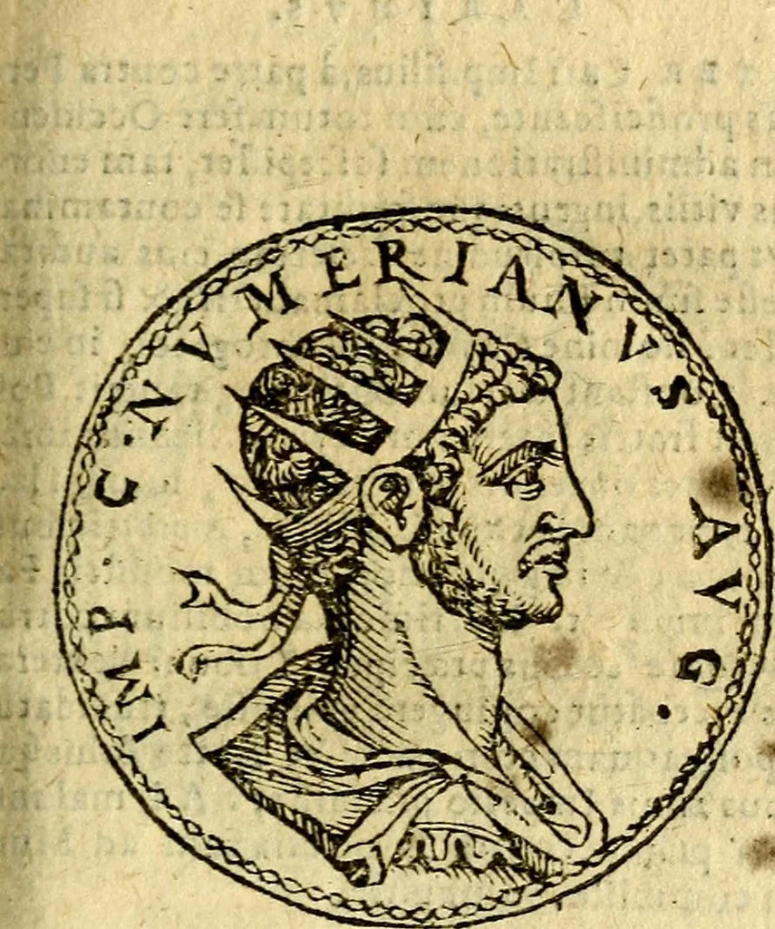 An illustration from Imagines et vitae imperatorvm Romanorvm: Illae ad vetusta numismata fideliter designatae; hae ex probatissimis auctoribus depromtae. Addita ad singulas imagines Ausonÿ & aliorum Elogia Tetrasticha, 1599, leaf 122