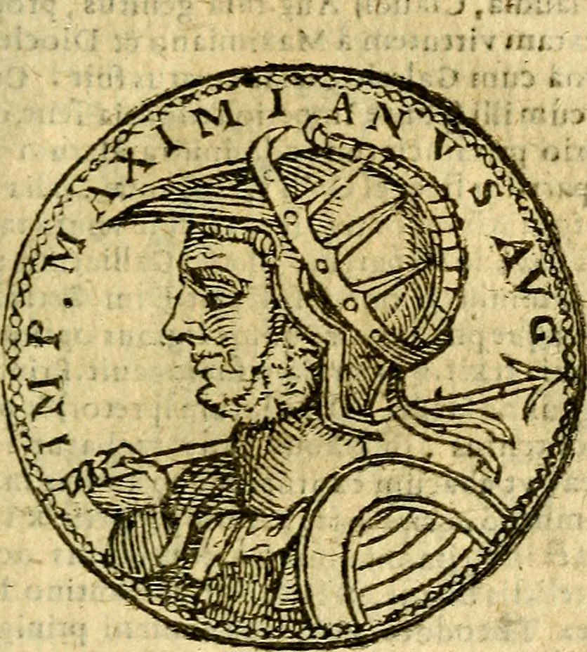 An illustration from Imagines et vitae imperatorvm Romanorvm: Illae ad vetusta numismata fideliter designatae; hae ex probatissimis auctoribus depromtae. Addita ad singulas imagines Ausonÿ & aliorum Elogia Tetrasticha, 1599, leaf 128