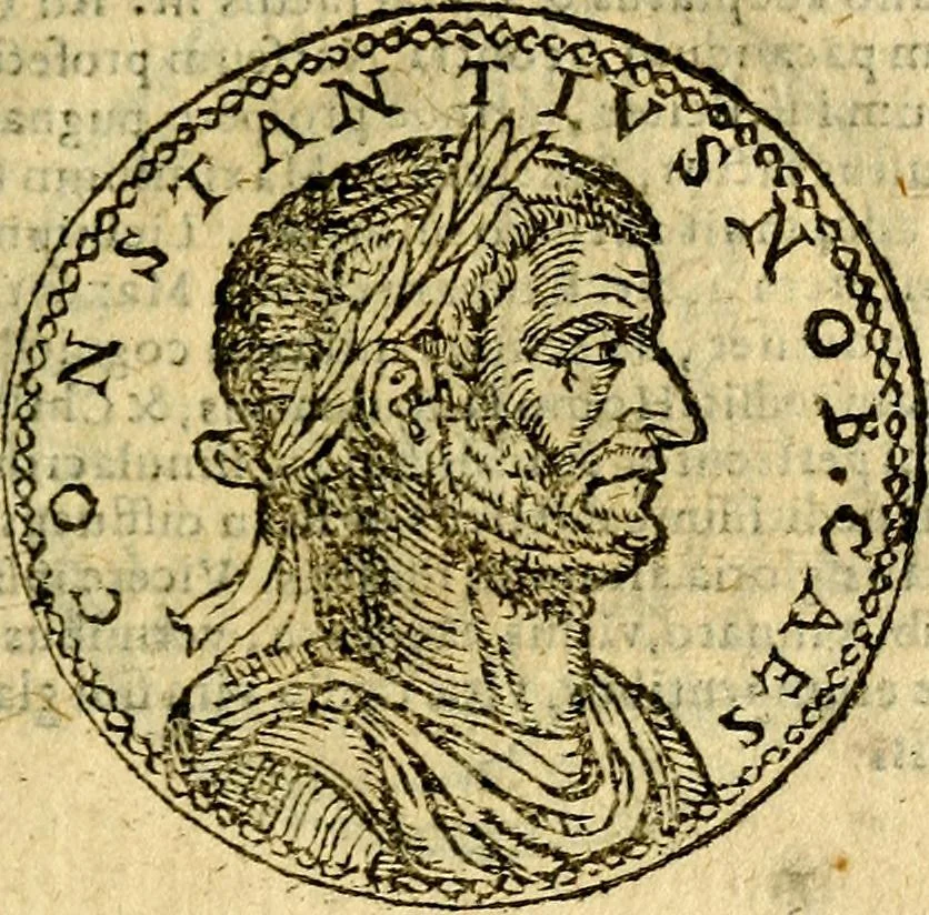 An illustration from Imagines et vitae imperatorvm Romanorvm: Illae ad vetusta numismata fideliter designatae; hae ex probatissimis auctoribus depromtae. Addita ad singulas imagines Ausonÿ & aliorum Elogia Tetrasticha, 1599, leaf 130