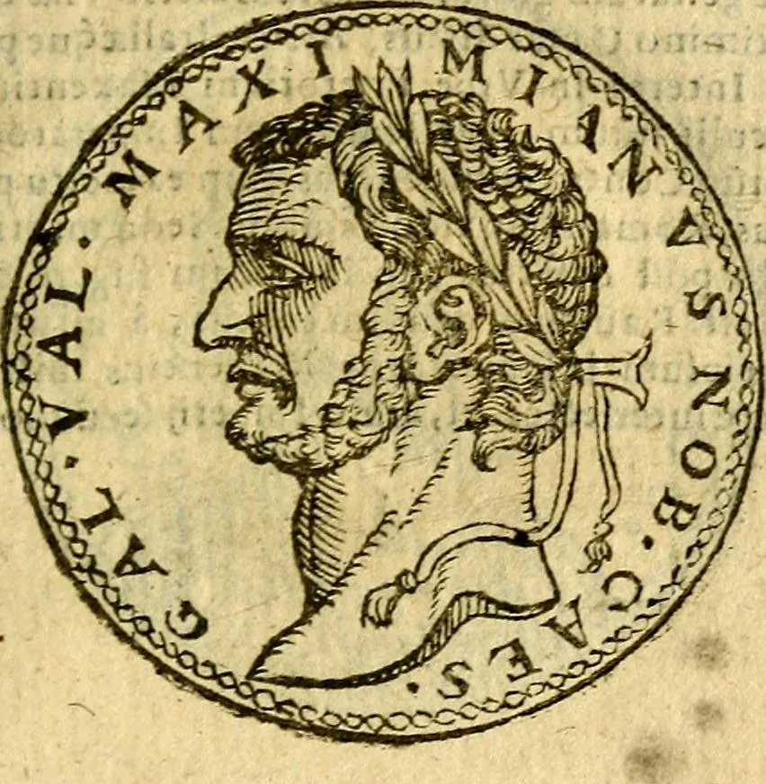 An illustration from Imagines et vitae imperatorvm Romanorvm: Illae ad vetusta numismata fideliter designatae; hae ex probatissimis auctoribus depromtae. Addita ad singulas imagines Ausonÿ & aliorum Elogia Tetrasticha, 1599, leaf 132