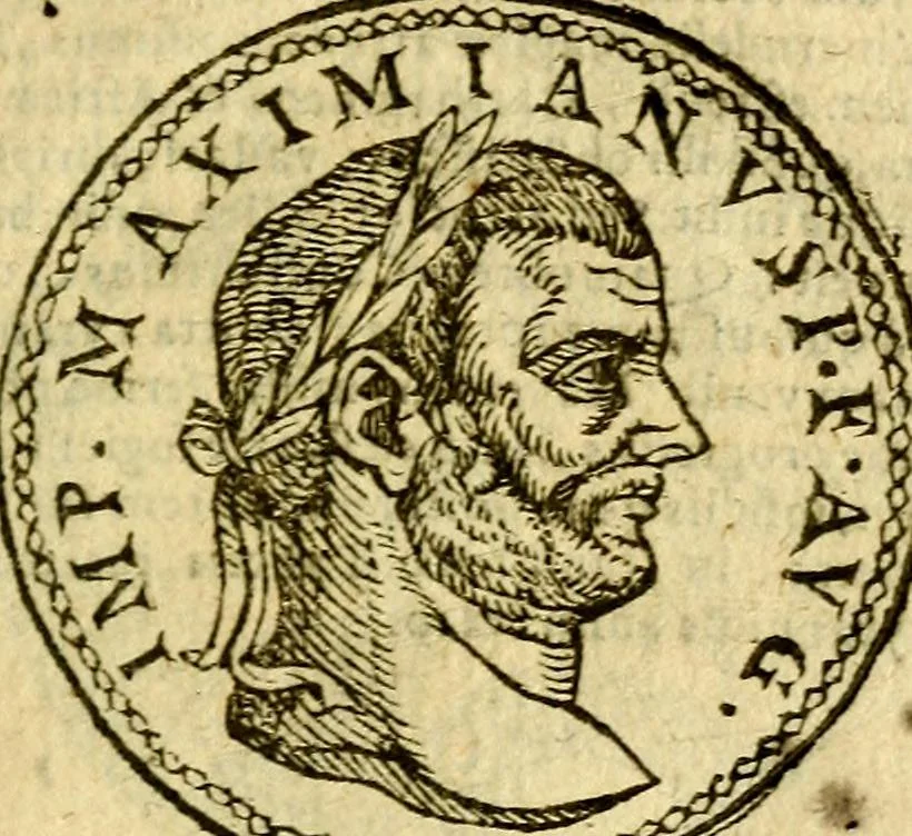 An illustration from Imagines et vitae imperatorvm Romanorvm: Illae ad vetusta numismata fideliter designatae; hae ex probatissimis auctoribus depromtae. Addita ad singulas imagines Ausonÿ & aliorum Elogia Tetrasticha, 1599, leaf 136