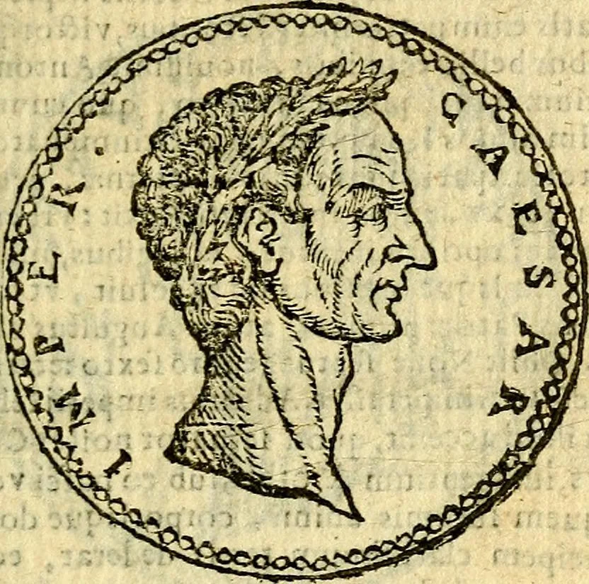 An illustration from Imagines et vitae imperatorvm Romanorvm: Illae ad vetusta numismata fideliter designatae; hae ex probatissimis auctoribus depromtae. Addita ad singulas imagines Ausonÿ & aliorum Elogia Tetrasticha, 1599, leaf 14