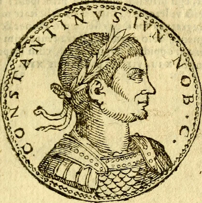 An illustration from Imagines et vitae imperatorvm Romanorvm: Illae ad vetusta numismata fideliter designatae; hae ex probatissimis auctoribus depromtae. Addita ad singulas imagines Ausonÿ & aliorum Elogia Tetrasticha, 1599, leaf 148