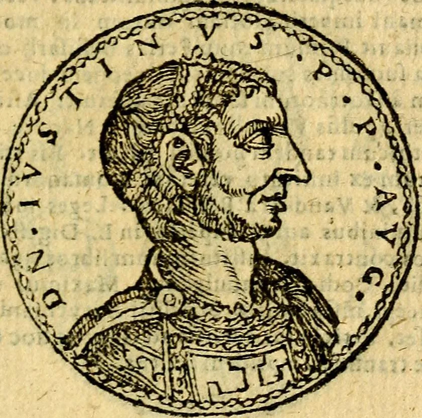 An illustration from Imagines et vitae imperatorvm Romanorvm: Illae ad vetusta numismata fideliter designatae; hae ex probatissimis auctoribus depromtae. Addita ad singulas imagines Ausonÿ & aliorum Elogia Tetrasticha, 1599, leaf 190
