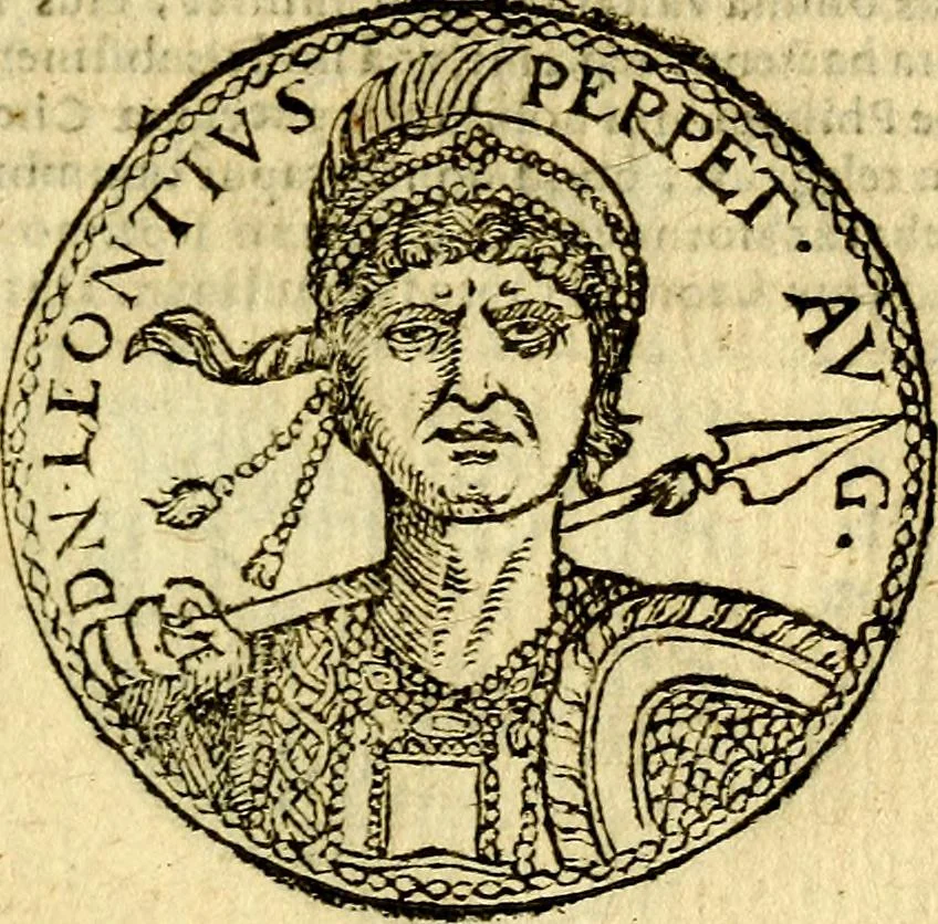 An illustration from Imagines et vitae imperatorvm Romanorvm: Illae ad vetusta numismata fideliter designatae; hae ex probatissimis auctoribus depromtae. Addita ad singulas imagines Ausonÿ & aliorum Elogia Tetrasticha, 1599, leaf 210