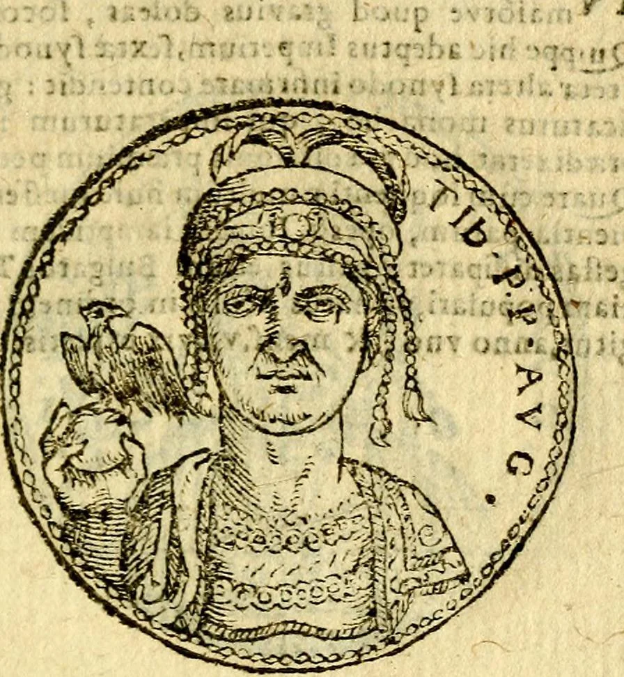 An illustration from Imagines et vitae imperatorvm Romanorvm: Illae ad vetusta numismata fideliter designatae; hae ex probatissimis auctoribus depromtae. Addita ad singulas imagines Ausonÿ & aliorum Elogia Tetrasticha, 1599, leaf 212