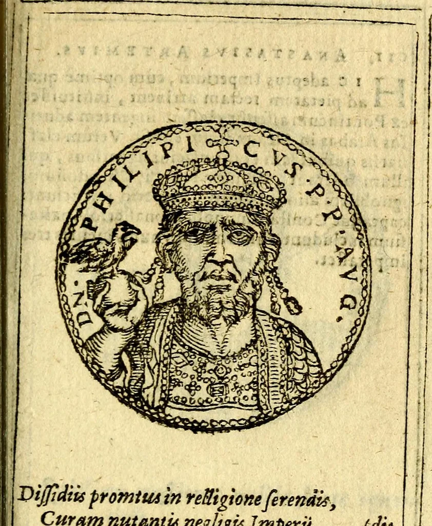 An illustration from Imagines et vitae imperatorvm Romanorvm: Illae ad vetusta numismata fideliter designatae; hae ex probatissimis auctoribus depromtae. Addita ad singulas imagines Ausonÿ & aliorum Elogia Tetrasticha, 1599, leaf 214