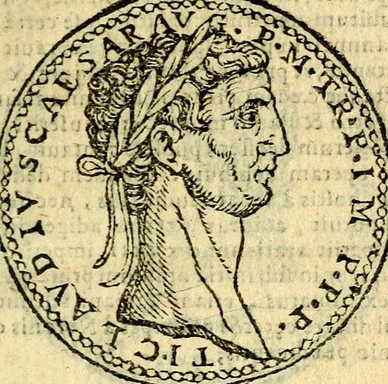 An illustration from Imagines et vitae imperatorvm Romanorvm: Illae ad vetusta numismata fideliter designatae; hae ex probatissimis auctoribus depromtae. Addita ad singulas imagines Ausonÿ & aliorum Elogia Tetrasticha, 1599, leaf 22
