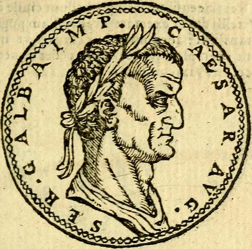 An illustration from Imagines et vitae imperatorvm Romanorvm: Illae ad vetusta numismata fideliter designatae; hae ex probatissimis auctoribus depromtae. Addita ad singulas imagines Ausonÿ & aliorum Elogia Tetrasticha, 1599, leaf 26