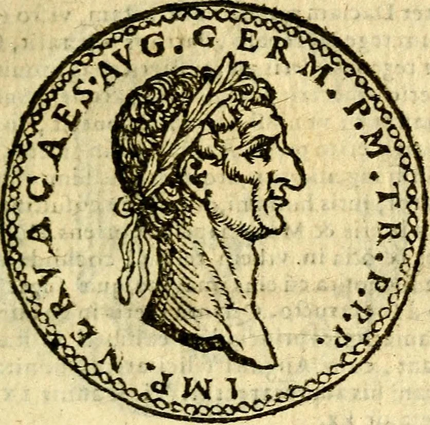 An illustration from Imagines et vitae imperatorvm Romanorvm: Illae ad vetusta numismata fideliter designatae; hae ex probatissimis auctoribus depromtae. Addita ad singulas imagines Ausonÿ & aliorum Elogia Tetrasticha, 1599, leaf 38