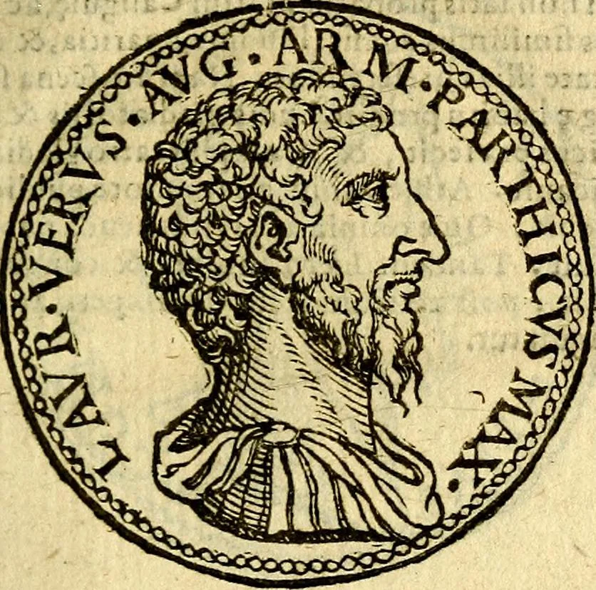 An illustration from Imagines et vitae imperatorvm Romanorvm: Illae ad vetusta numismata fideliter designatae; hae ex probatissimis auctoribus depromtae. Addita ad singulas imagines Ausonÿ & aliorum Elogia Tetrasticha, 1599, leaf 48