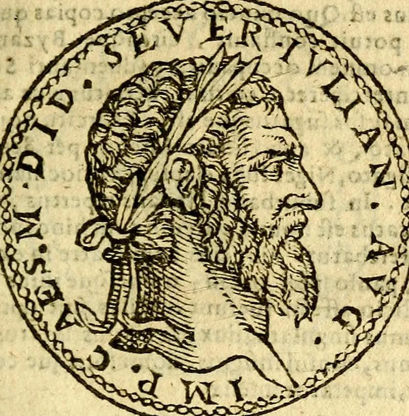 An illustration from Imagines et vitae imperatorvm Romanorvm: Illae ad vetusta numismata fideliter designatae; hae ex probatissimis auctoribus depromtae. Addita ad singulas imagines Ausonÿ & aliorum Elogia Tetrasticha, 1599, leaf 54
