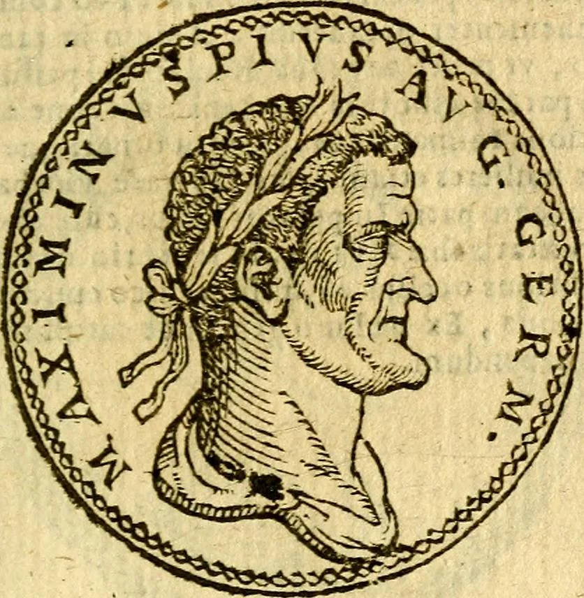 An illustration from Imagines et vitae imperatorvm Romanorvm: Illae ad vetusta numismata fideliter designatae; hae ex probatissimis auctoribus depromtae. Addita ad singulas imagines Ausonÿ & aliorum Elogia Tetrasticha, 1599, leaf 74