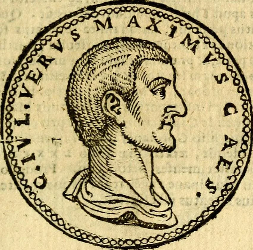An illustration from Imagines et vitae imperatorvm Romanorvm: Illae ad vetusta numismata fideliter designatae; hae ex probatissimis auctoribus depromtae. Addita ad singulas imagines Ausonÿ & aliorum Elogia Tetrasticha, 1599, leaf 76