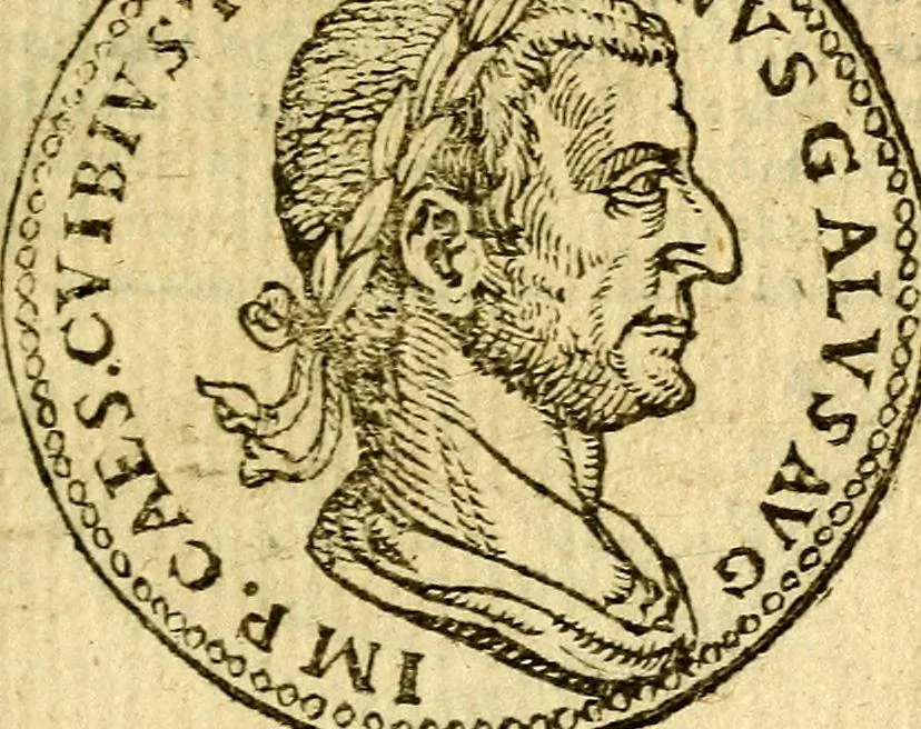 An illustration from Imagines et vitae imperatorvm Romanorvm: Illae ad vetusta numismata fideliter designatae; hae ex probatissimis auctoribus depromtae. Addita ad singulas imagines Ausonÿ & aliorum Elogia Tetrasticha, 1599, leaf 94