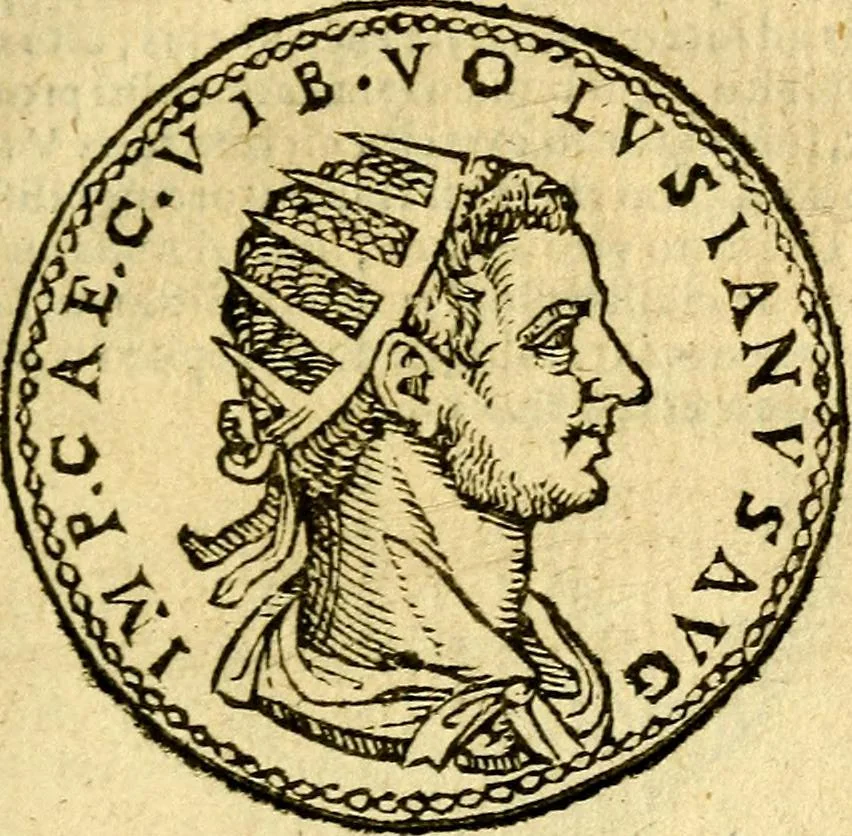 An illustration from Imagines et vitae imperatorvm Romanorvm: Illae ad vetusta numismata fideliter designatae; hae ex probatissimis auctoribus depromtae. Addita ad singulas imagines Ausonÿ & aliorum Elogia Tetrasticha, 1599, leaf 96