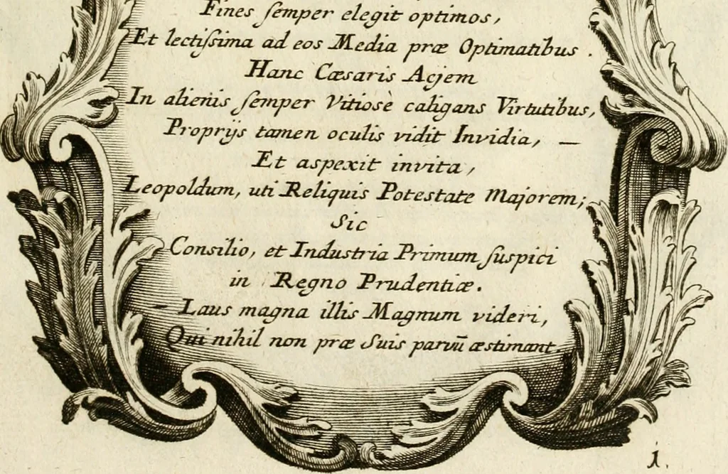 An illustration from Imago Caesaris : kayserliche Tugend-Bildnuss in Leopoldo dem Ersten, und Grossen, weyland höchst-seeligisten, und glorreichisten Angedenckens Römischen Kayser, u. u. : bey dem hoch-ansehenlichen Traur-Berüst und drey-tägiger Leich-Begängnusz, den 25. 26. und 27. Junij vorgestellet, 1705, leaf 68