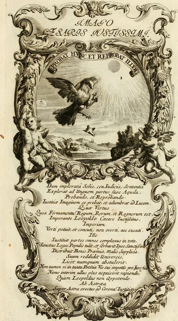 An illustration from Imago Caesaris : kayserliche Tugend-Bildnuss in Leopoldo dem Ersten, und Grossen, weyland höchst-seeligisten, und glorreichisten Angedenckens Römischen Kayser, u. u. : bey dem hoch-ansehenlichen Traur-Berüst und drey-tägiger Leich-Begängnusz, den 25. 26. und 27. Junij vorgestellet, 1705, leaf 70