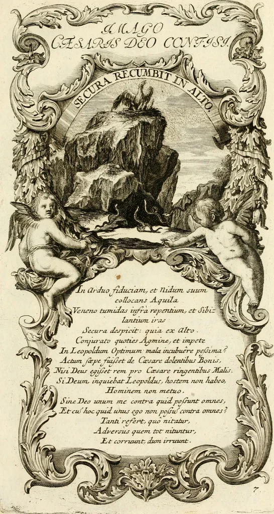 An illustration from Imago Caesaris : kayserliche Tugend-Bildnuss in Leopoldo dem Ersten, und Grossen, weyland höchst-seeligisten, und glorreichisten Angedenckens Römischen Kayser, u. u. : bey dem hoch-ansehenlichen Traur-Berüst und drey-tägiger Leich-Begängnusz, den 25. 26. und 27. Junij vorgestellet, 1705, leaf 80
