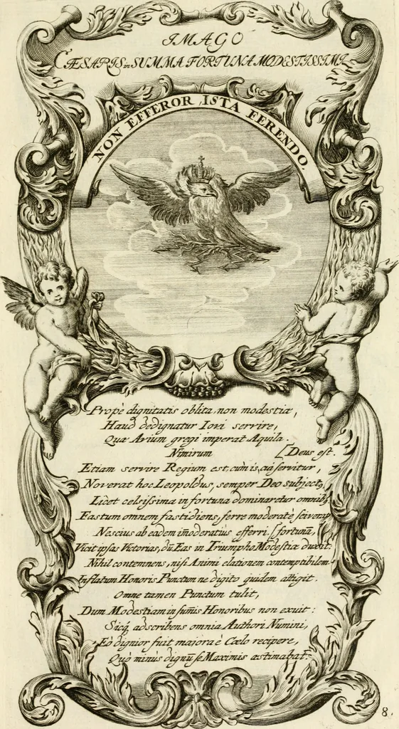 An illustration from Imago Caesaris : kayserliche Tugend-Bildnuss in Leopoldo dem Ersten, und Grossen, weyland höchst-seeligisten, und glorreichisten Angedenckens Römischen Kayser, u. u. : bey dem hoch-ansehenlichen Traur-Berüst und drey-tägiger Leich-Begängnusz, den 25. 26. und 27. Junij vorgestellet, 1705, leaf 82
