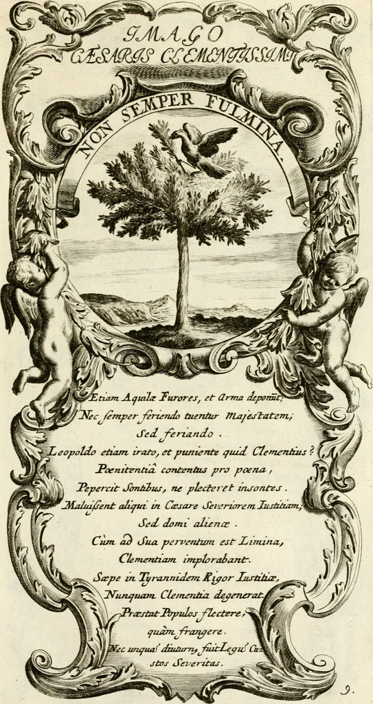 An illustration from Imago Caesaris : kayserliche Tugend-Bildnuss in Leopoldo dem Ersten, und Grossen, weyland höchst-seeligisten, und glorreichisten Angedenckens Römischen Kayser, u. u. : bey dem hoch-ansehenlichen Traur-Berüst und drey-tägiger Leich-Begängnusz, den 25. 26. und 27. Junij vorgestellet, 1705, leaf 84
