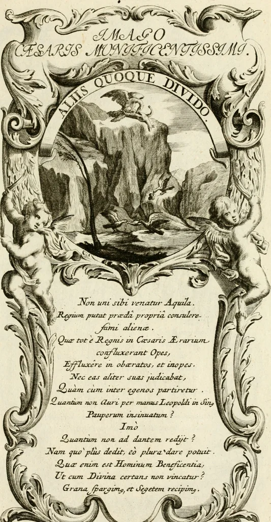 An illustration from Imago Caesaris : kayserliche Tugend-Bildnuss in Leopoldo dem Ersten, und Grossen, weyland höchst-seeligisten, und glorreichisten Angedenckens Römischen Kayser, u. u. : bey dem hoch-ansehenlichen Traur-Berüst und drey-tägiger Leich-Begängnusz, den 25. 26. und 27. Junij vorgestellet, 1705, leaf 90