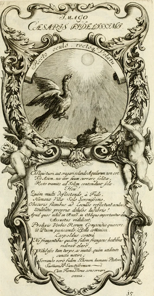 An illustration from Imago Caesaris : kayserliche Tugend-Bildnuss in Leopoldo dem Ersten, und Grossen, weyland höchst-seeligisten, und glorreichisten Angedenckens Römischen Kayser, u. u. : bey dem hoch-ansehenlichen Traur-Berüst und drey-tägiger Leich-Begängnusz, den 25. 26. und 27. Junij vorgestellet, 1705, leaf 96