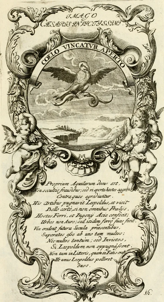 An illustration from Imago Caesaris : kayserliche Tugend-Bildnuss in Leopoldo dem Ersten, und Grossen, weyland höchst-seeligisten, und glorreichisten Angedenckens Römischen Kayser, u. u. : bey dem hoch-ansehenlichen Traur-Berüst und drey-tägiger Leich-Begängnusz, den 25. 26. und 27. Junij vorgestellet, 1705, leaf 98