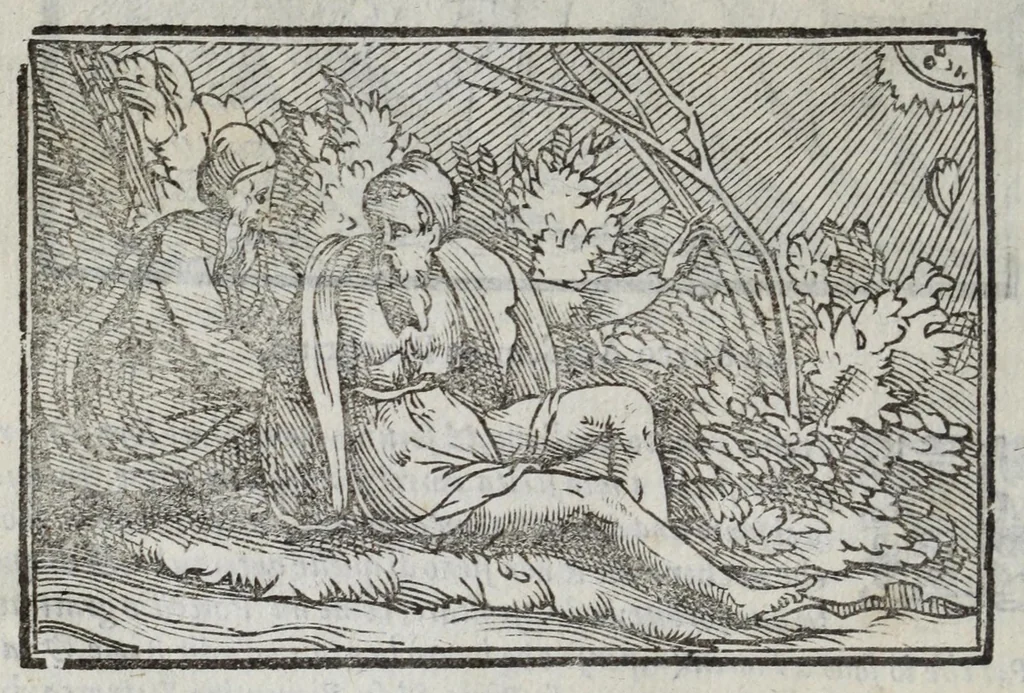 An illustration from I marmi del Doni, academico peregrino, cioè, Ragionamenti introdotti a farsi da varie conditioni d'huomini, à luoghi di honesto piacere in Firenze : ripieno di discorsi in varie scienze & discipline ; diviso in quattro libri .., 1609, leaf 102