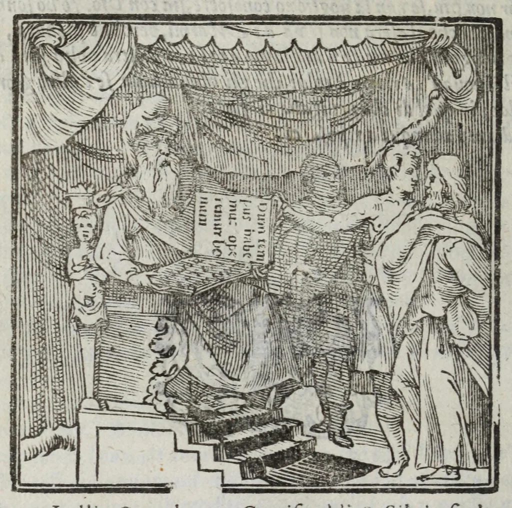 An illustration from I marmi del Doni, academico peregrino, cioè, Ragionamenti introdotti a farsi da varie conditioni d'huomini, à luoghi di honesto piacere in Firenze : ripieno di discorsi in varie scienze & discipline ; diviso in quattro libri .., 1609, leaf 136