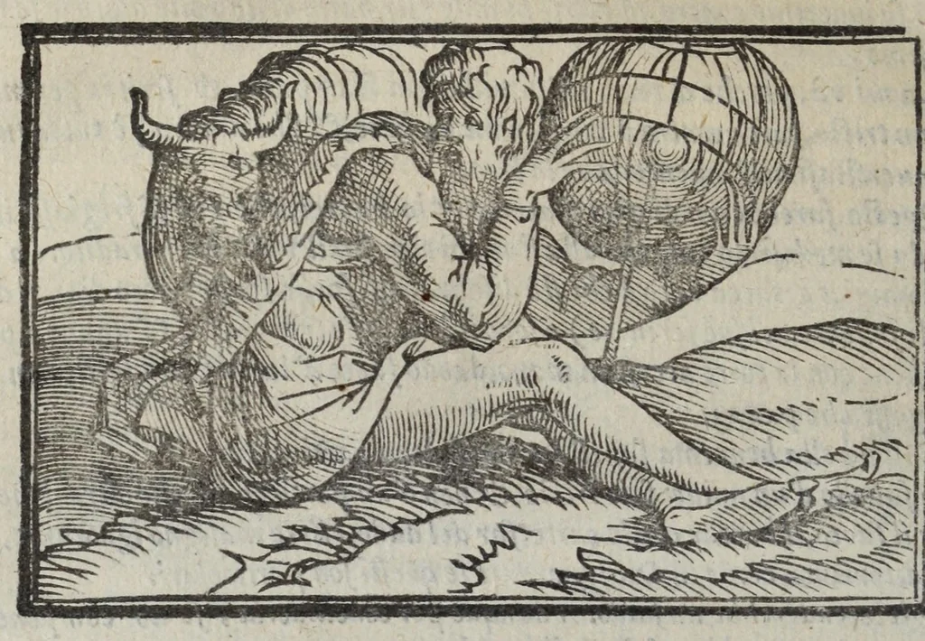 An illustration from I marmi del Doni, academico peregrino, cioè, Ragionamenti introdotti a farsi da varie conditioni d'huomini, à luoghi di honesto piacere in Firenze : ripieno di discorsi in varie scienze & discipline ; diviso in quattro libri .., 1609, leaf 142