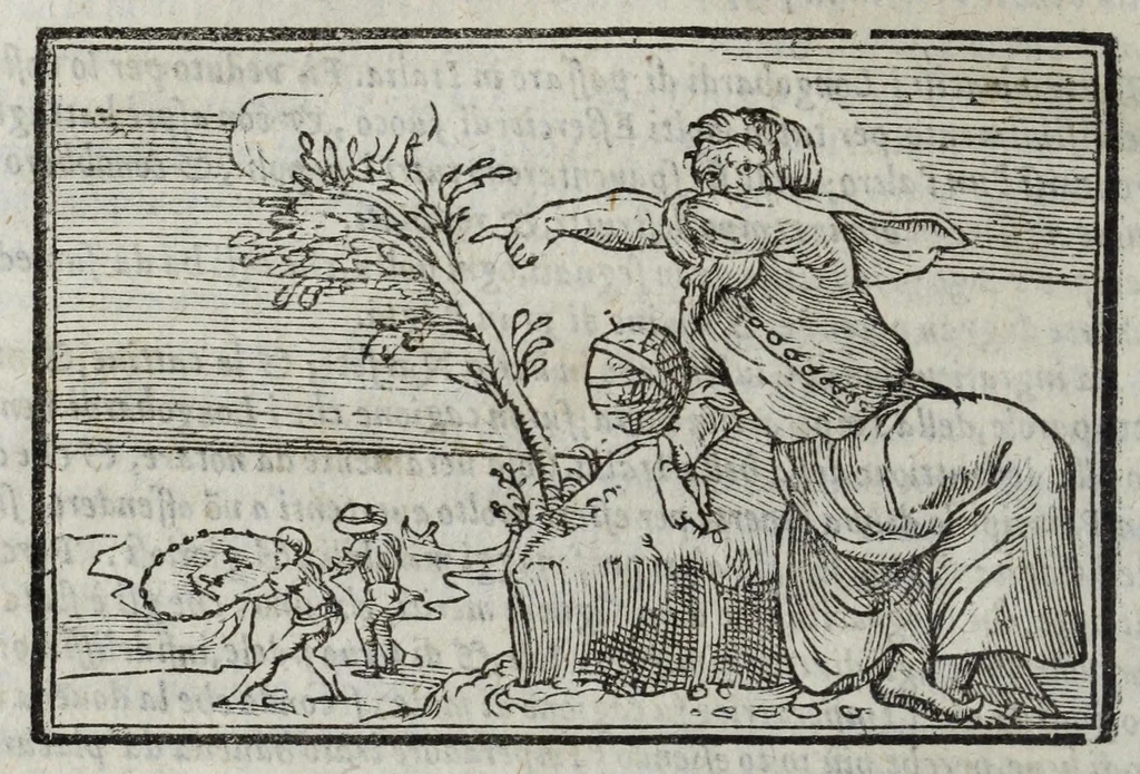 An illustration from I marmi del Doni, academico peregrino, cioè, Ragionamenti introdotti a farsi da varie conditioni d'huomini, à luoghi di honesto piacere in Firenze : ripieno di discorsi in varie scienze & discipline ; diviso in quattro libri .., 1609, leaf 202