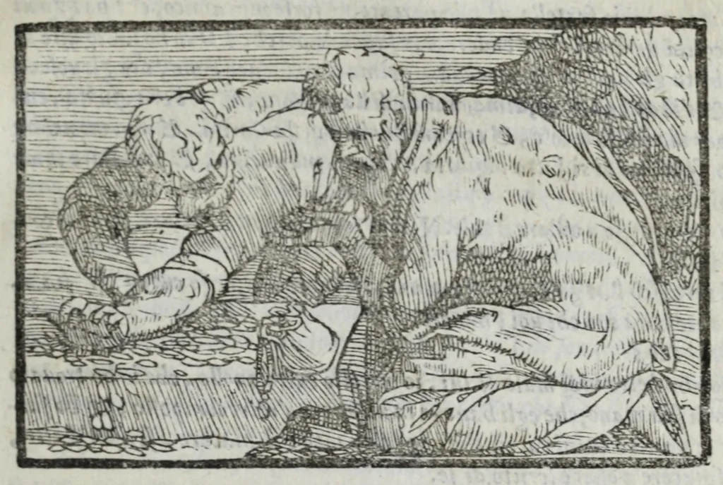 An illustration from I marmi del Doni, academico peregrino, cioè, Ragionamenti introdotti a farsi da varie conditioni d'huomini, à luoghi di honesto piacere in Firenze : ripieno di discorsi in varie scienze & discipline ; diviso in quattro libri .., 1609, leaf 205
