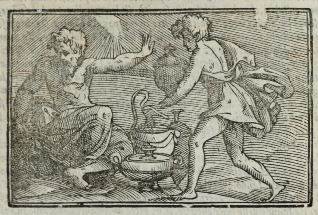 An illustration from I marmi del Doni, academico peregrino, cioè, Ragionamenti introdotti a farsi da varie conditioni d'huomini, à luoghi di honesto piacere in Firenze : ripieno di discorsi in varie scienze & discipline ; diviso in quattro libri .., 1609, leaf 257