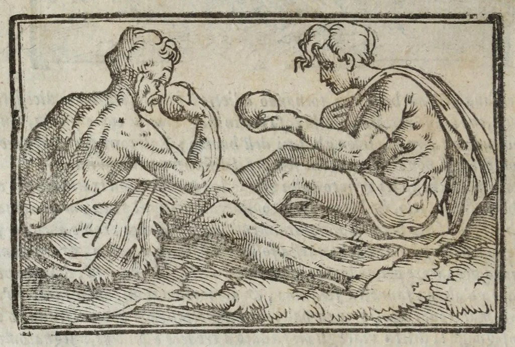 An illustration from I marmi del Doni, academico peregrino, cioè, Ragionamenti introdotti a farsi da varie conditioni d'huomini, à luoghi di honesto piacere in Firenze : ripieno di discorsi in varie scienze & discipline ; diviso in quattro libri .., 1609, leaf 28
