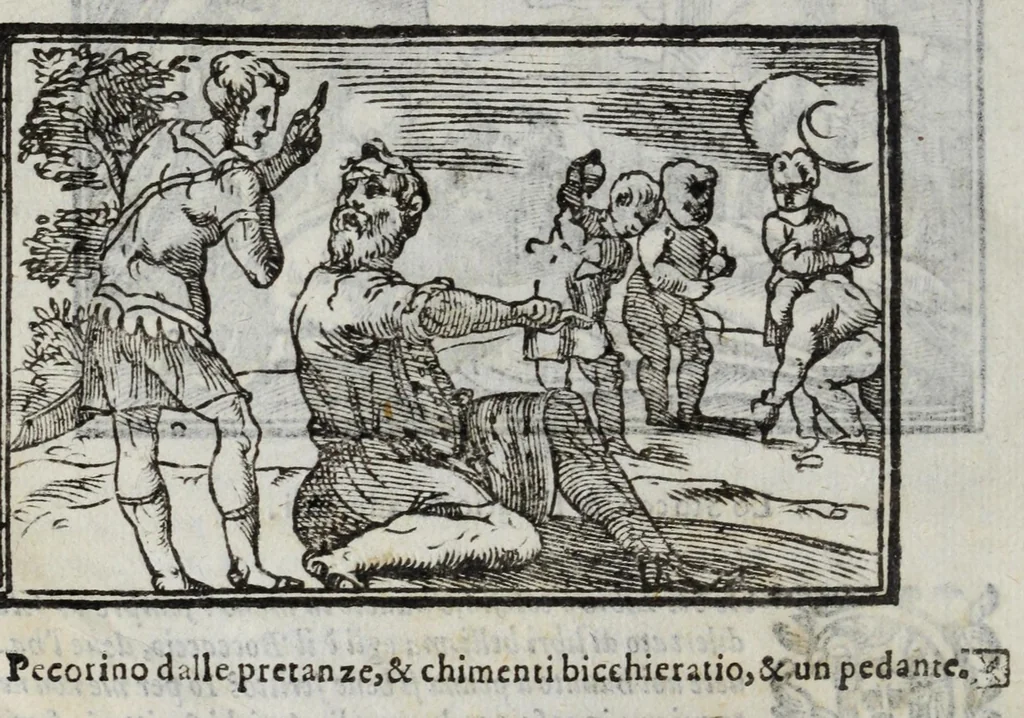 An illustration from I marmi del Doni, academico peregrino, cioè, Ragionamenti introdotti a farsi da varie conditioni d'huomini, à luoghi di honesto piacere in Firenze : ripieno di discorsi in varie scienze & discipline ; diviso in quattro libri .., 1609, leaf 294