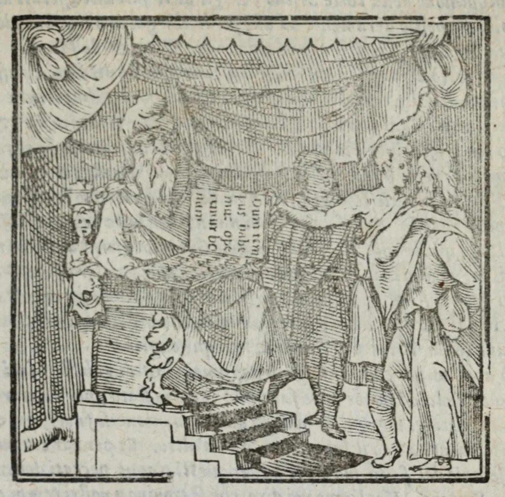 An illustration from I marmi del Doni, academico peregrino, cioè, Ragionamenti introdotti a farsi da varie conditioni d'huomini, à luoghi di honesto piacere in Firenze : ripieno di discorsi in varie scienze & discipline ; diviso in quattro libri .., 1609, leaf 345