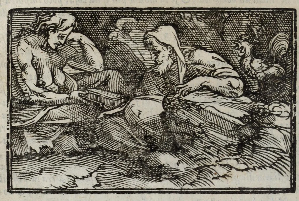 An illustration from I marmi del Doni, academico peregrino, cioè, Ragionamenti introdotti a farsi da varie conditioni d'huomini, à luoghi di honesto piacere in Firenze : ripieno di discorsi in varie scienze & discipline ; diviso in quattro libri .., 1609, leaf 36