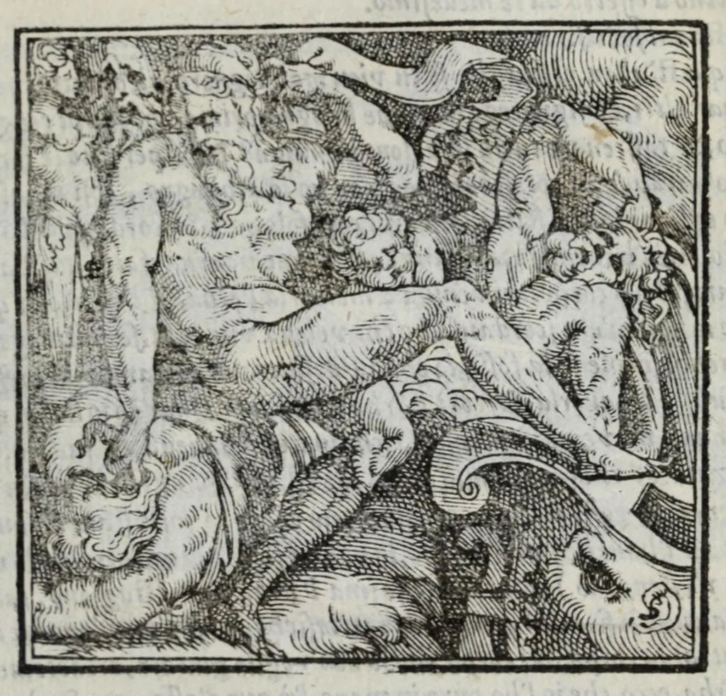 An illustration from I marmi del Doni, academico peregrino, cioè, Ragionamenti introdotti a farsi da varie conditioni d'huomini, à luoghi di honesto piacere in Firenze : ripieno di discorsi in varie scienze & discipline ; diviso in quattro libri .., 1609, leaf 61