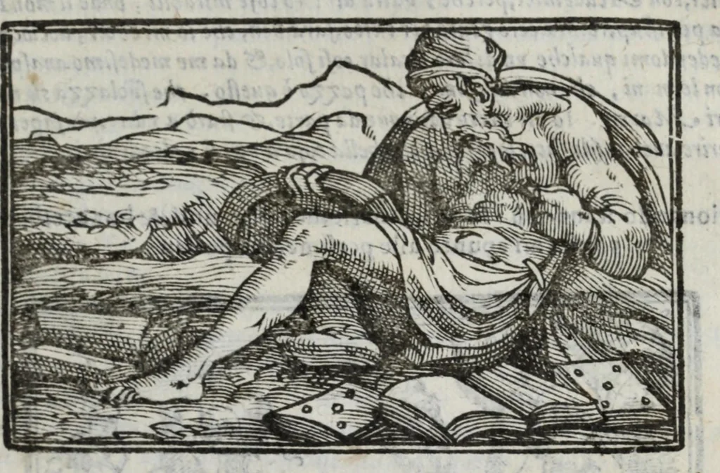 An illustration from I marmi del Doni, academico peregrino, cioè, Ragionamenti introdotti a farsi da varie conditioni d'huomini, à luoghi di honesto piacere in Firenze : ripieno di discorsi in varie scienze & discipline ; diviso in quattro libri .., 1609, leaf 63